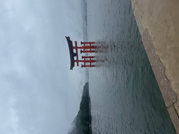 Famous torii gate on water in a foggy setting.