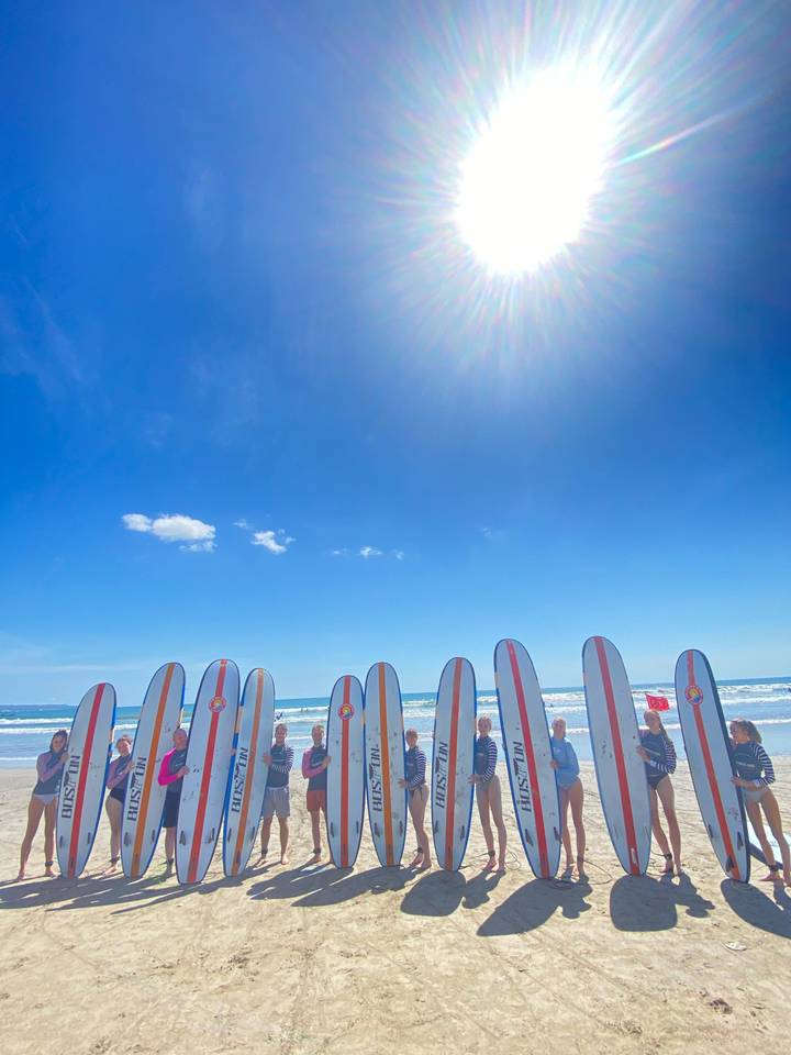 Row of surfboards standing upright on the sandy beach against a sunny sky.