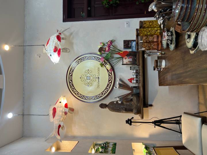 Decorations and a sign in a dining area.