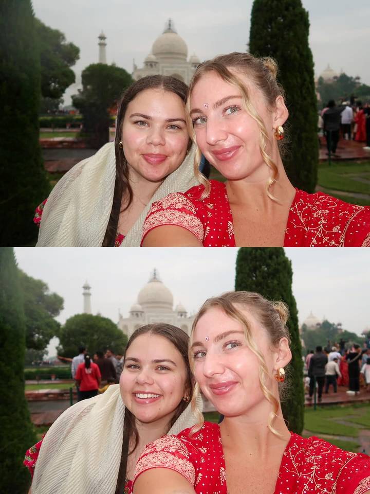 Selfie de deux femmes avec le Taj Mahal.