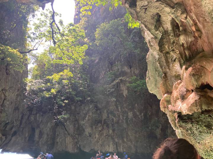 Green foliage and rock formations with light streaming through.