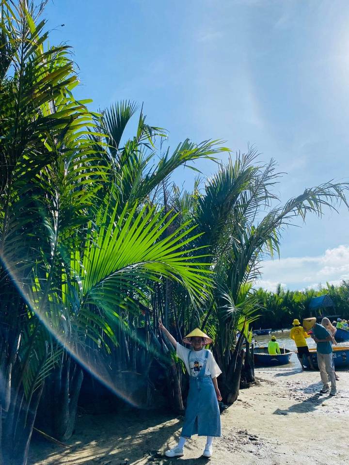 Des palmiers verts luxuriants avec des gens en arrière-plan sous un ciel bleu dégagé.