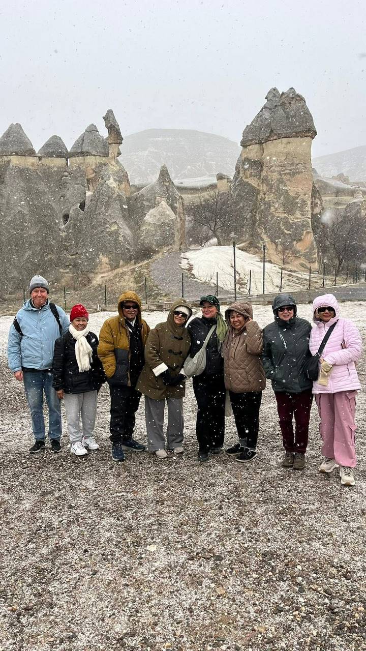 White fluffy dog lying on cobblestone pavement.