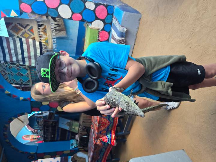 Garçon tenant un petit crocodile dans un marché.