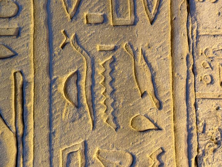 Hiéroglyphes égyptiens antiques détaillés sur un mur de pierre.