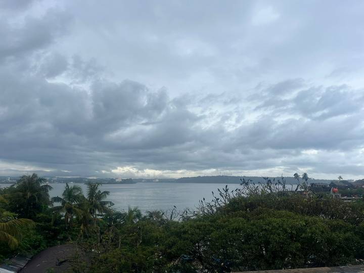 Overlooking a bay with cloudy skies and coastal vegetation.