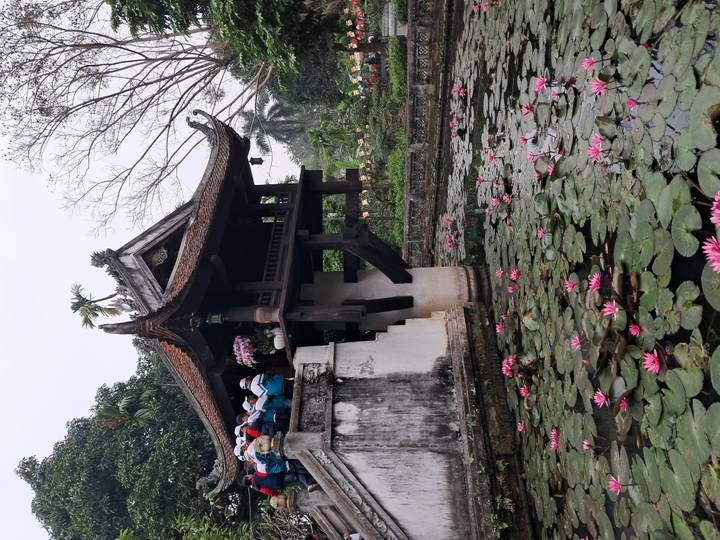 Estructura de templo con flores de loto en un estanque, rodeada de gente.