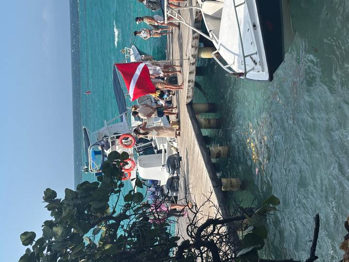 Des gens sur un quai avec des bateaux sur une eau turquoise.