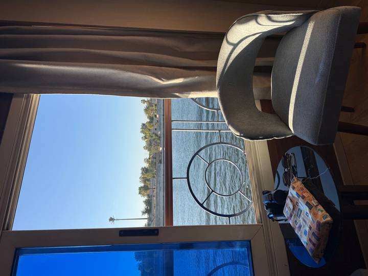 Vista desde la ventana de un barco mostrando un río y palmeras.