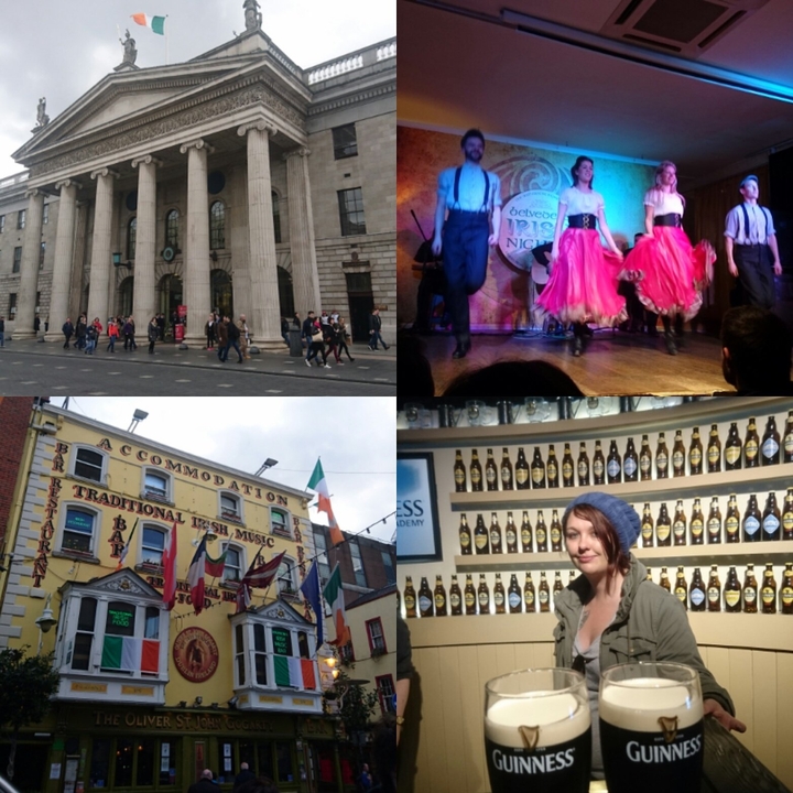 Collage of images showing city scenes, dancers, and a woman in front of a display.