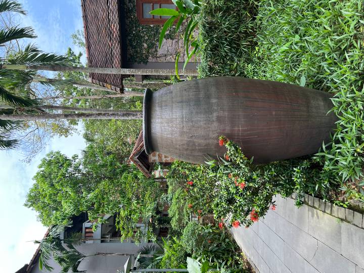 Gran vasija cerámica tradicional de pie entre exuberantes plantas de jardín.