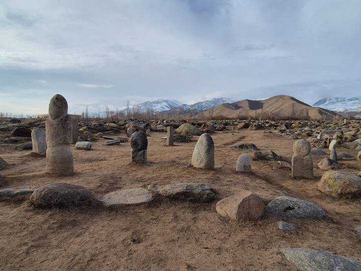 Ancient stone monuments in a barren landscape with mountains in the background.
