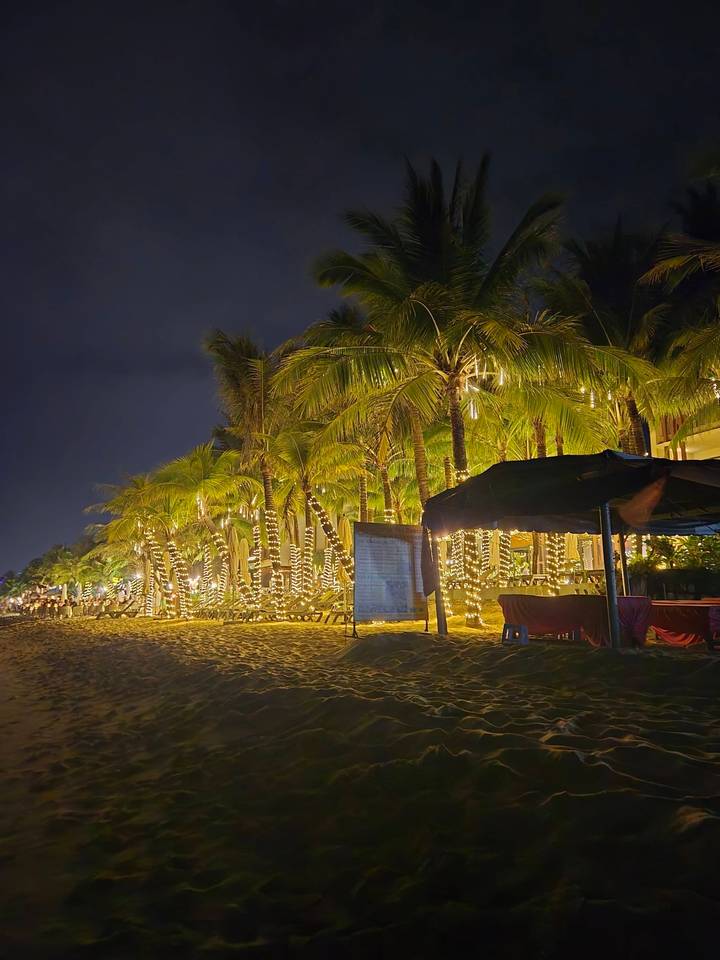 Playa bordeada de palmeras decoradas con luces por la noche.