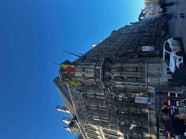 Bâtiment historique avec des drapeaux vu à distance.