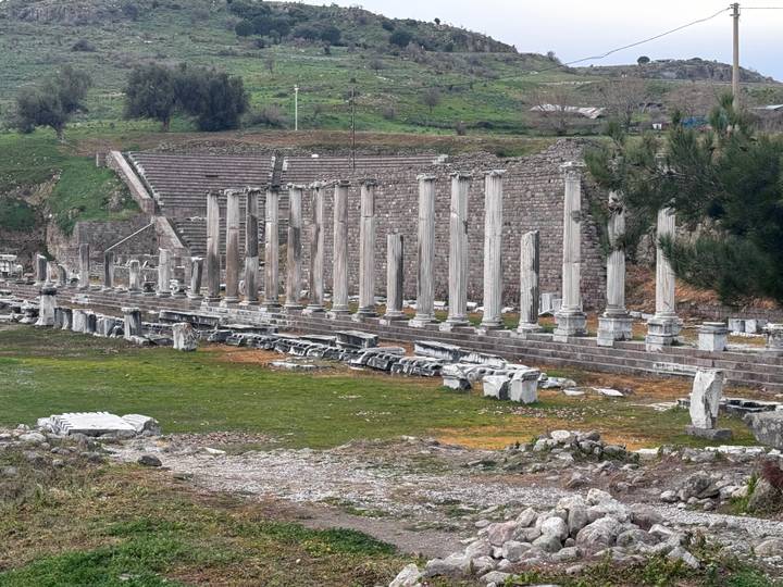Columnas antiguas alineadas con ruinas en un campo abierto.