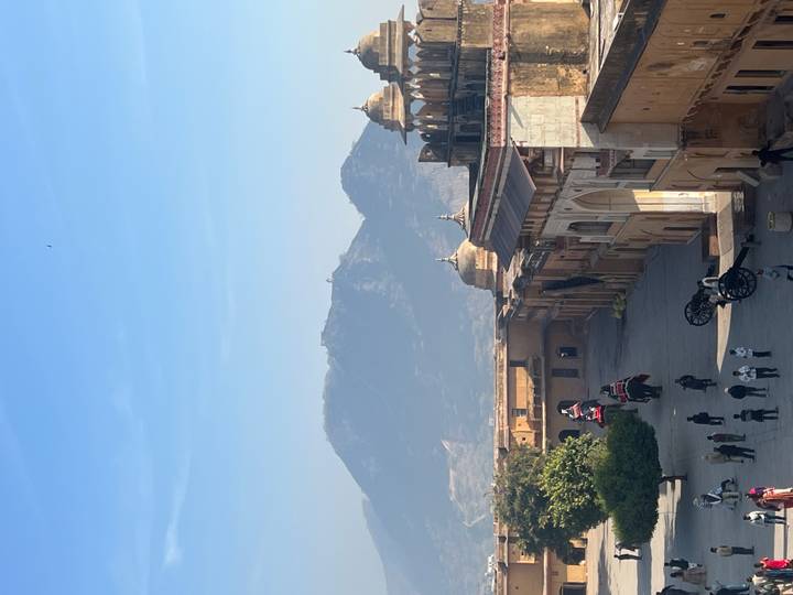People with elephants in a fort background.