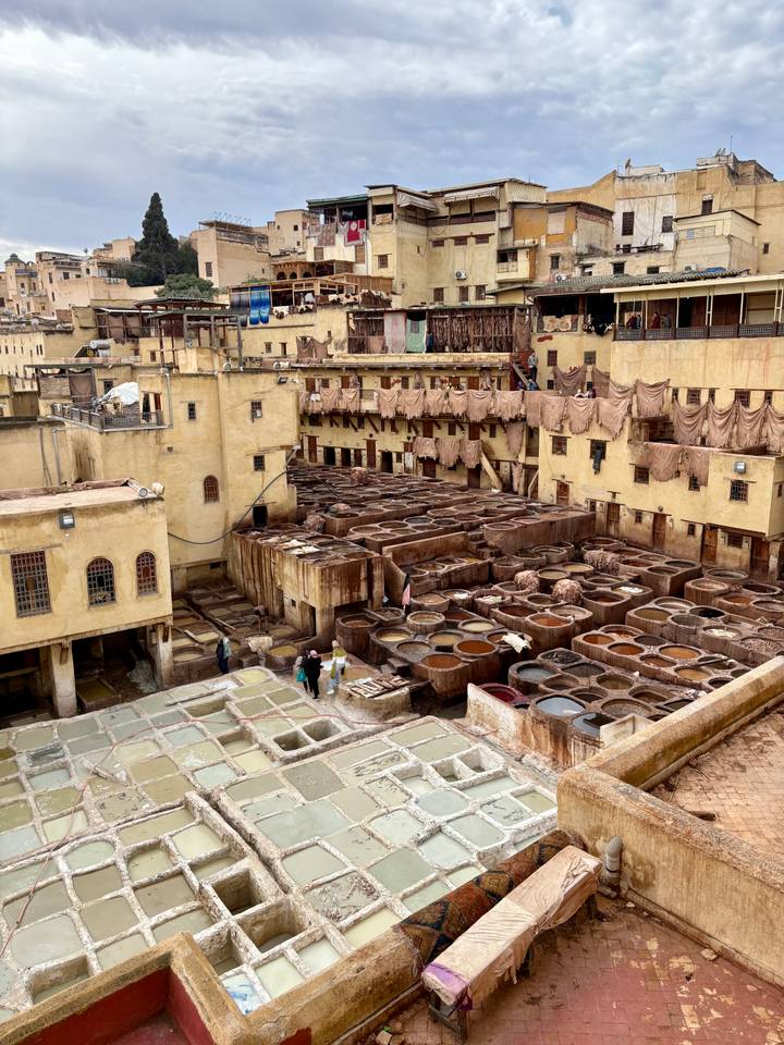 Tannerie marocaine traditionnelle avec séchage du cuir.