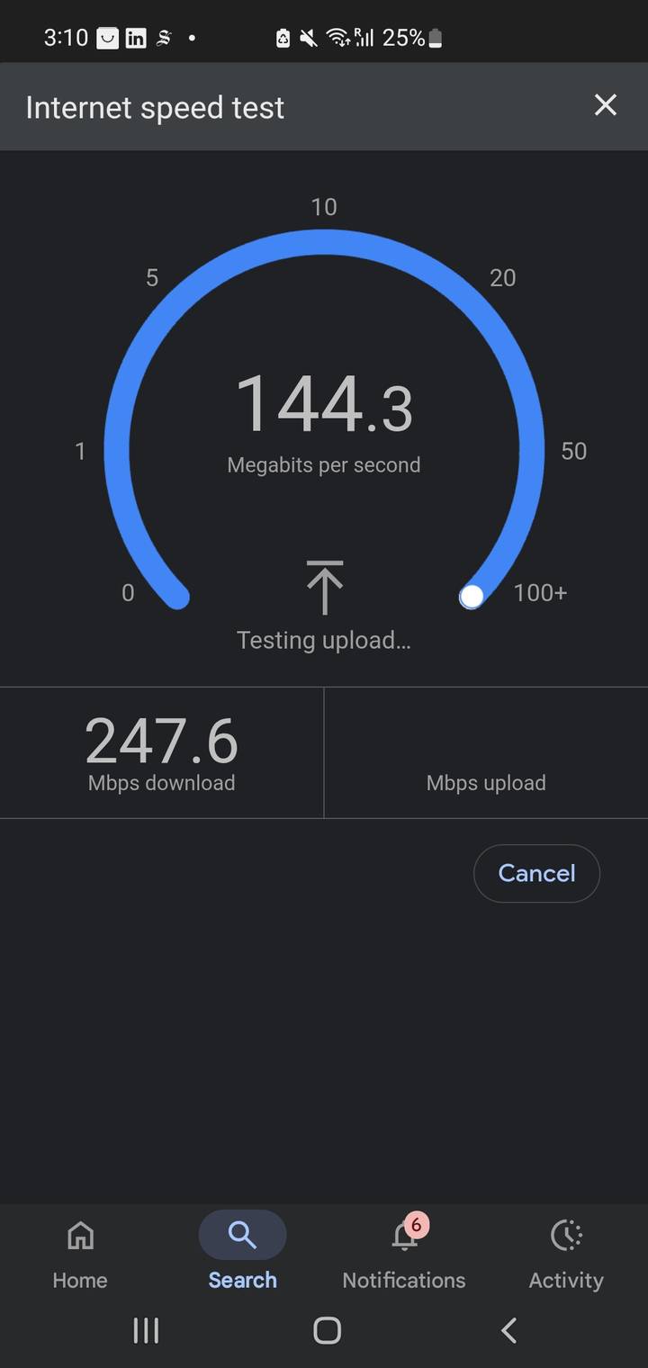 Pantalla de prueba de velocidad que muestra las velocidades de descarga y carga.
