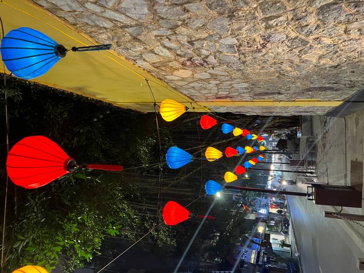 Des lanternes brillantes suspendues à un arbre avec un arrière-plan de rue urbaine.