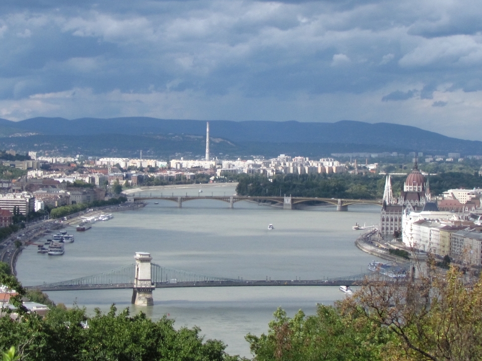 Panoramic view of a river with bridges and cityscape under cloudy skies.
