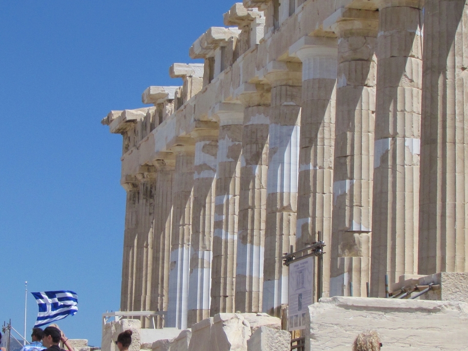 Close-up of ancient Greek temple ruins.
