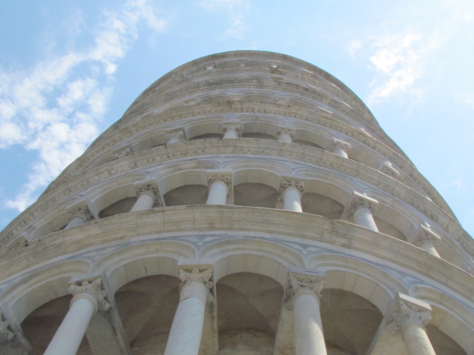 Close-up view of the Leaning Tower of Pisa.