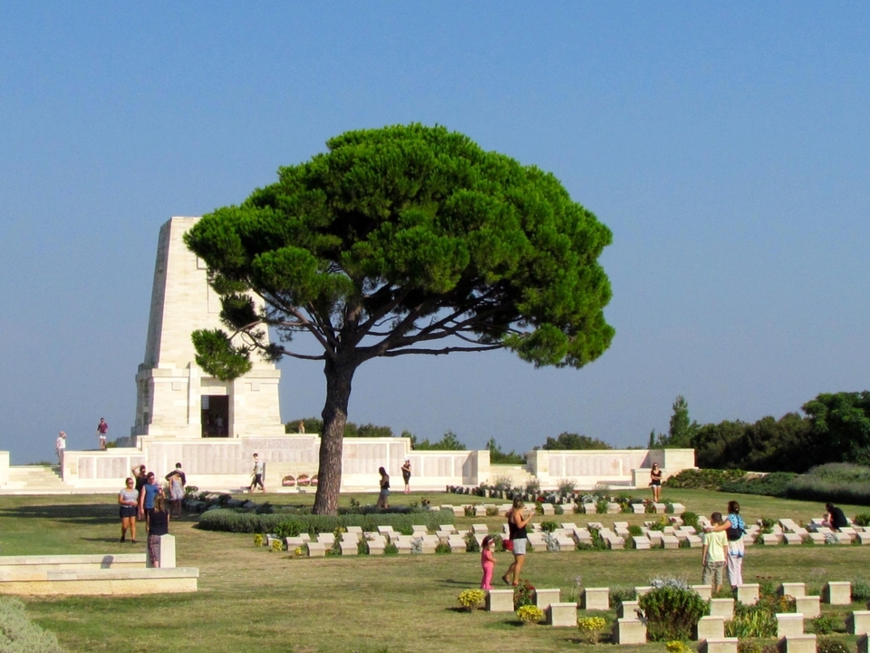 Cemetery with a large tree and a memorial building.