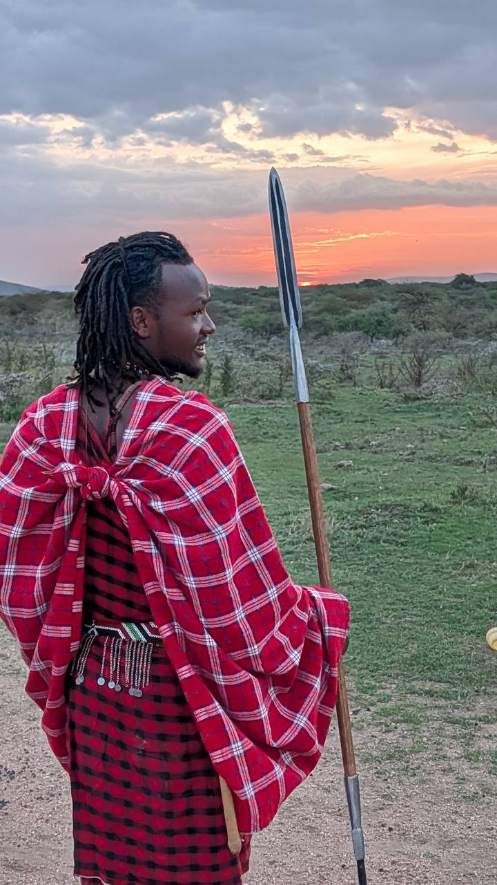 Guerrier masaï debout sur une plaine herbeuse tenant une lance traditionnelle.