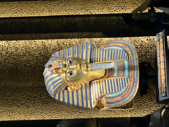 Máscara dorada de faraón exhibida en un entorno de museo.