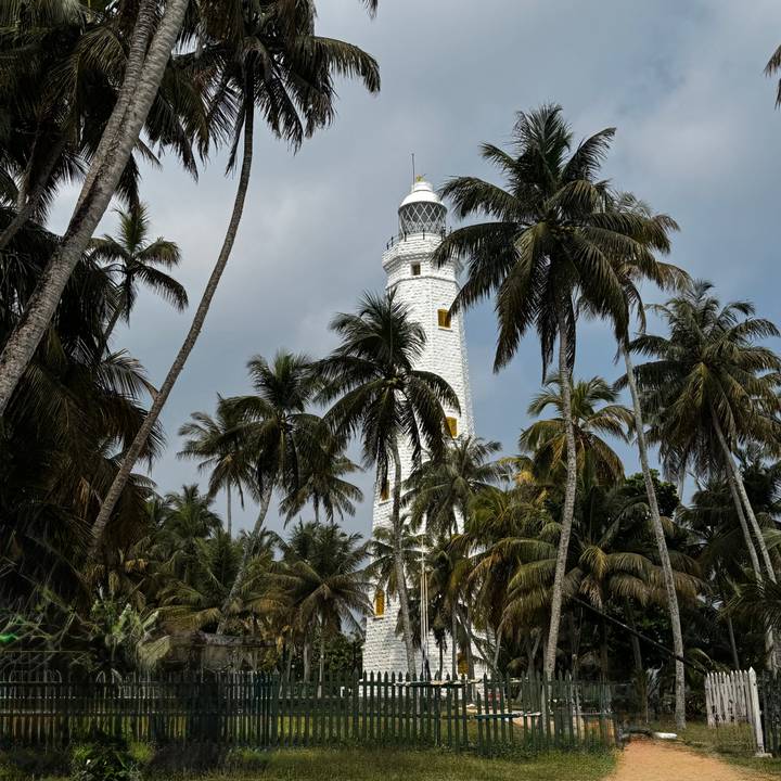 Un phare entouré de grands palmiers contre un ciel nuageux.