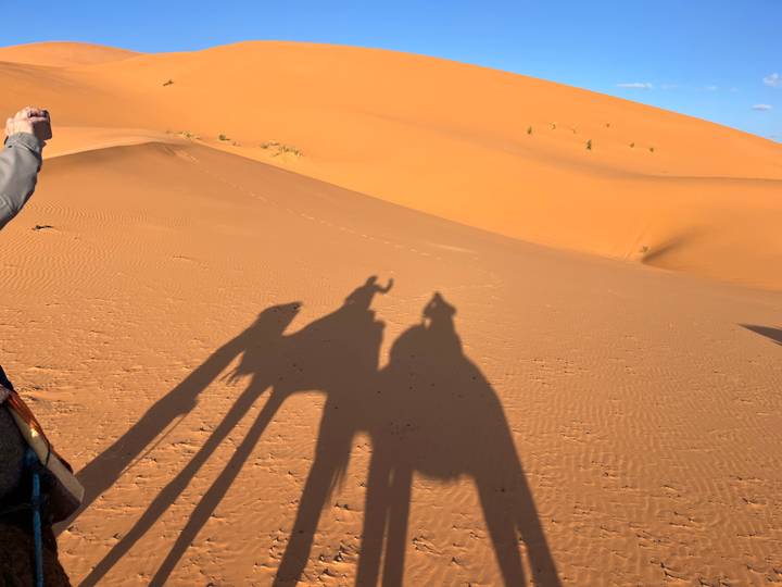 Silhouettes of two people on camels in the desert during sunset.