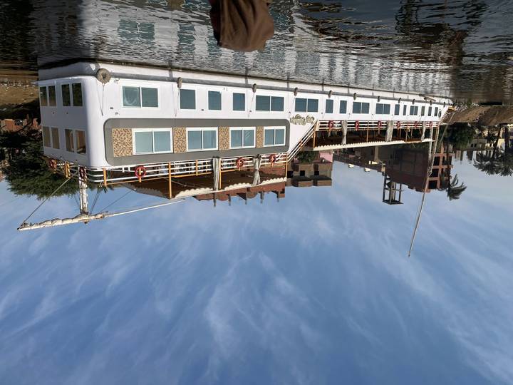 A large cruise boat on a river with buildings and palm trees in the background.