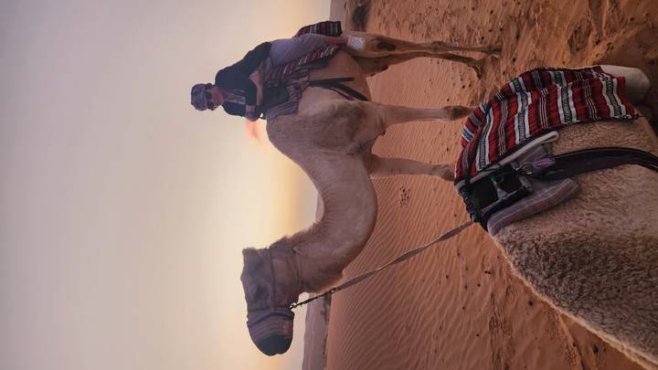 Person riding a camel in the desert during sunset.