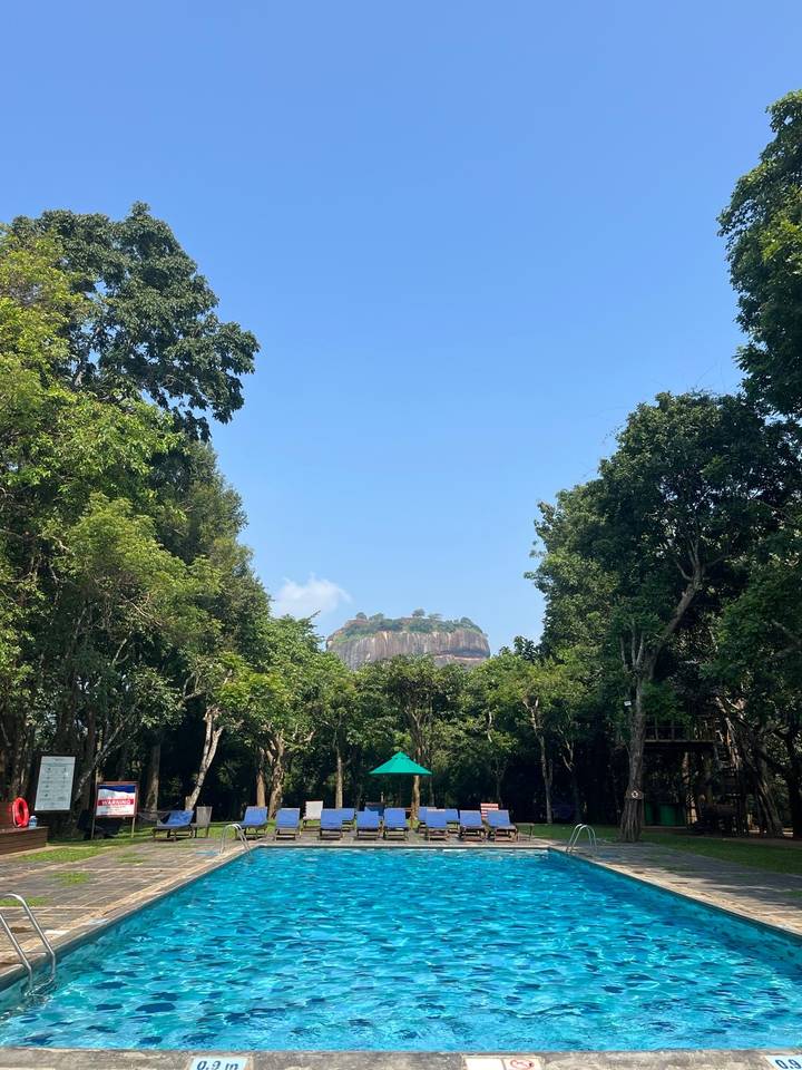 View of a large rock fortress visible through the trees.