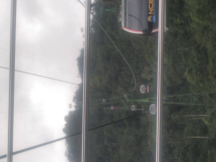 Blurry view through window bars of multiple cable cars ascending over forested hills.