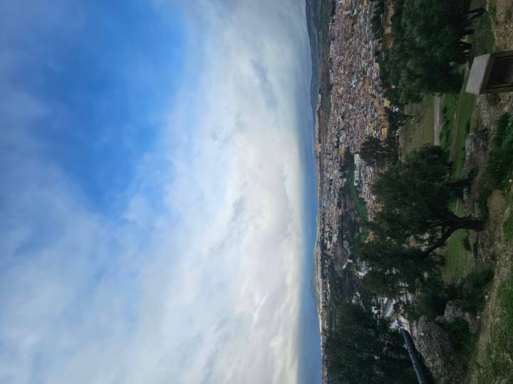 Another expansive city view of Fes framed by olive trees and dramatic clouds.