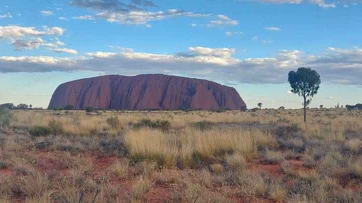 Wide view of Uluru rising from flat desert grasslands under a blue sky dotted with clouds