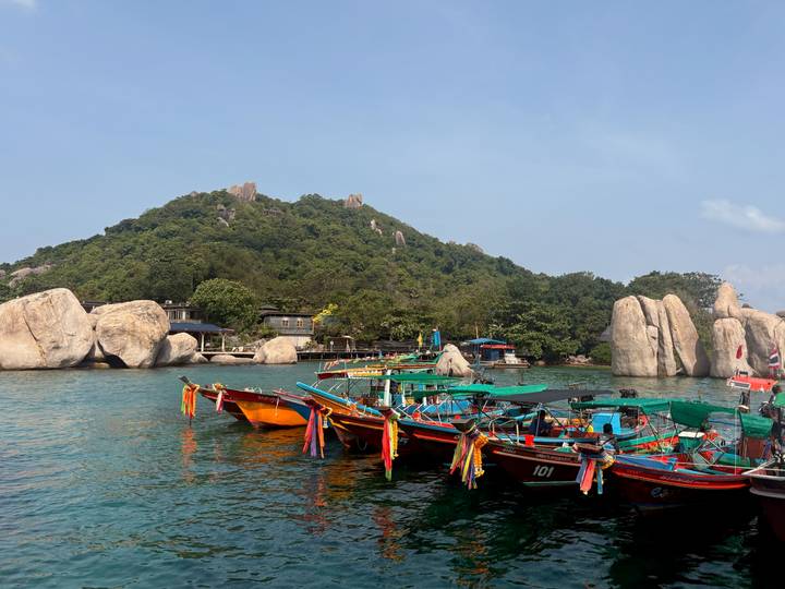 Colorful long-tail boats moored on clear teal water with a green rocky island as backdrop.