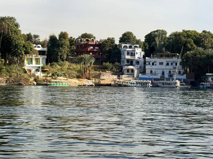Riverside view of colorful Nile‐side homes and lush palms reflecting on calm water.