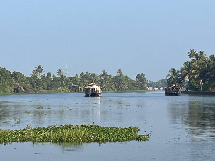 Kerala backwaters scene with two traditional houseboats drifting along a palm-lined canal.