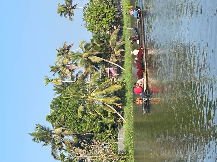 Small open canoe with locals paddling along a tropical waterway lined with coconut palms.