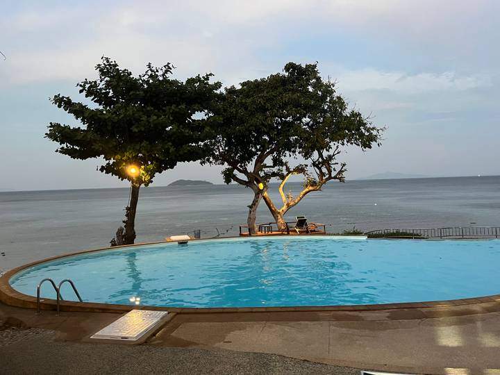 A tranquil infinity pool overlooks the sea and a small island as evening lights glow in surrounding trees.