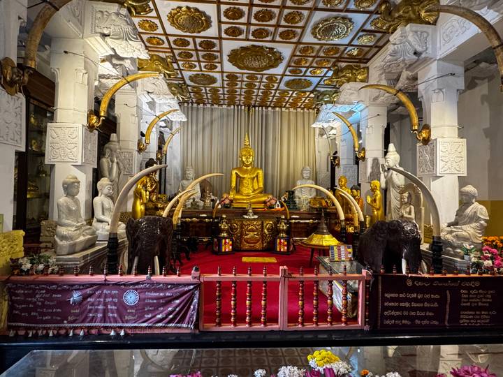 Lavishly decorated Buddhist shrine with a gold seated Buddha, ivory tusks, stone columns and red carpet inside a temple hall