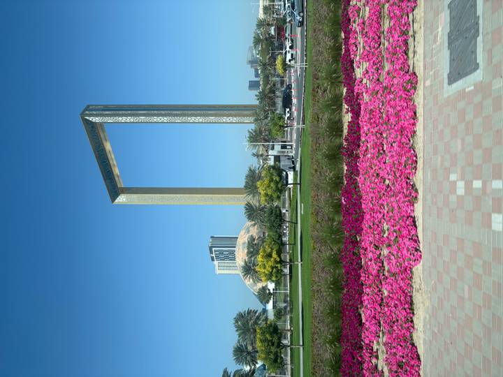 Towering golden Dubai Frame rising above manicured park with bright pink flowers.