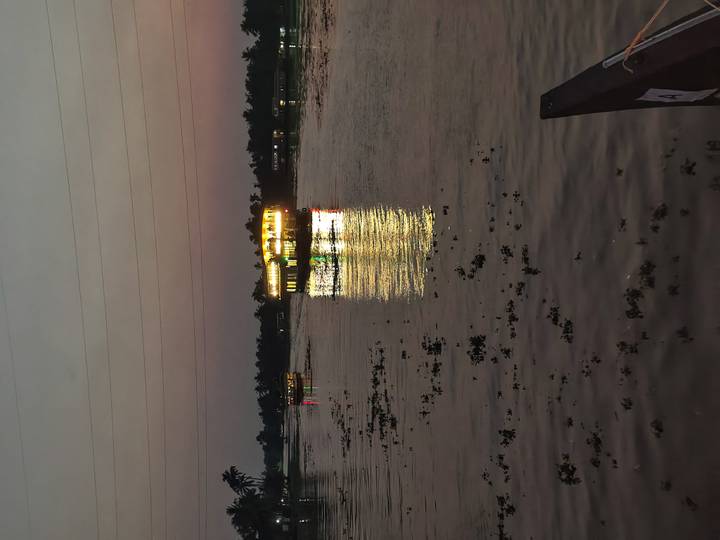 Glowing houseboat cruises along Kerala backwaters at dusk, lights shimmering on the water.