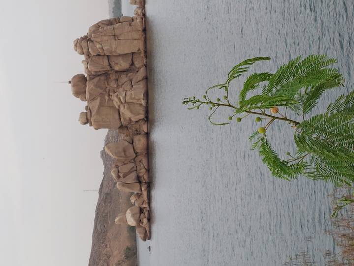 Calm lake bordered by large rounded granite boulders under an overcast sky.