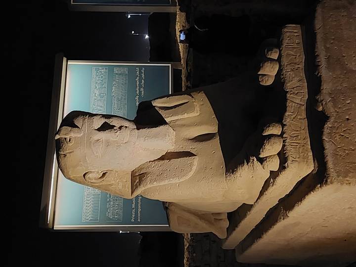 Close-up of a stone sphinx statue lit by spotlights in front of an information panel at night.