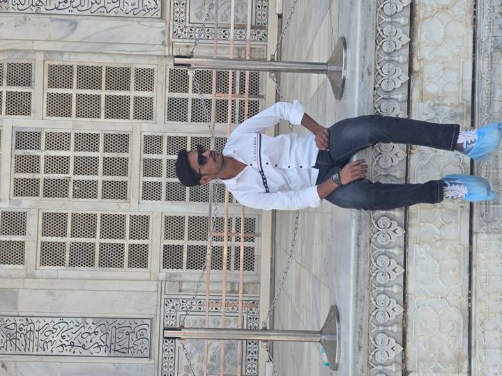 Man wearing protective shoe covers sitting on a marble platform in front of ornate Taj Mahal lattice windows.