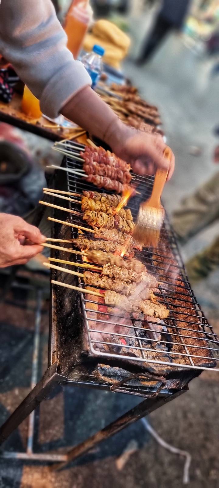 Street vendor grilling skewers of marinated meat over open flames with a hand basting sauce.