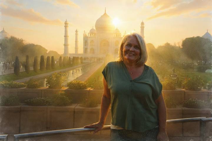 Smiling woman standing on viewing platform with Taj Mahal glowing at sunrise behind her.